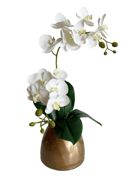Orquídea Artificial Siliconada Branca haste dupla vaso dourado
