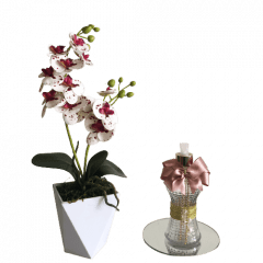 Kit Orquídea Artificial Siliconada Branca com Roxo Vaso Geométrico + Sabonete Líquido com Bandeja 