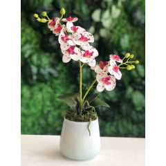 Orquídea Artificial Siliconada Branca com Roxo Vaso de Vidro 