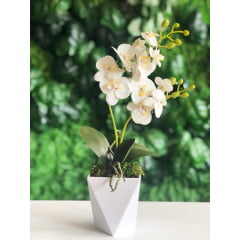 Orquídea Artificial Siliconada Branca Vaso Geométrico 